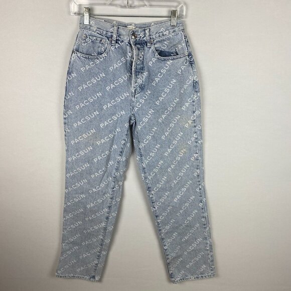 Pacsun Jeans Womens Lightwash Button Fly All Over Logo Words Dad Jeans Unique 26 - Picture 1 of 12